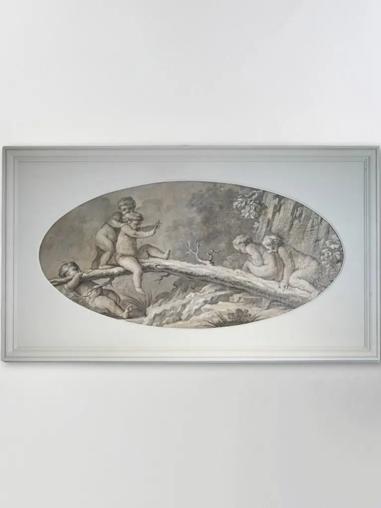 18Th-Century Grisaille Painting With Cherubic Figures – Large Antique Panel, 35¾" × 60¼" 1