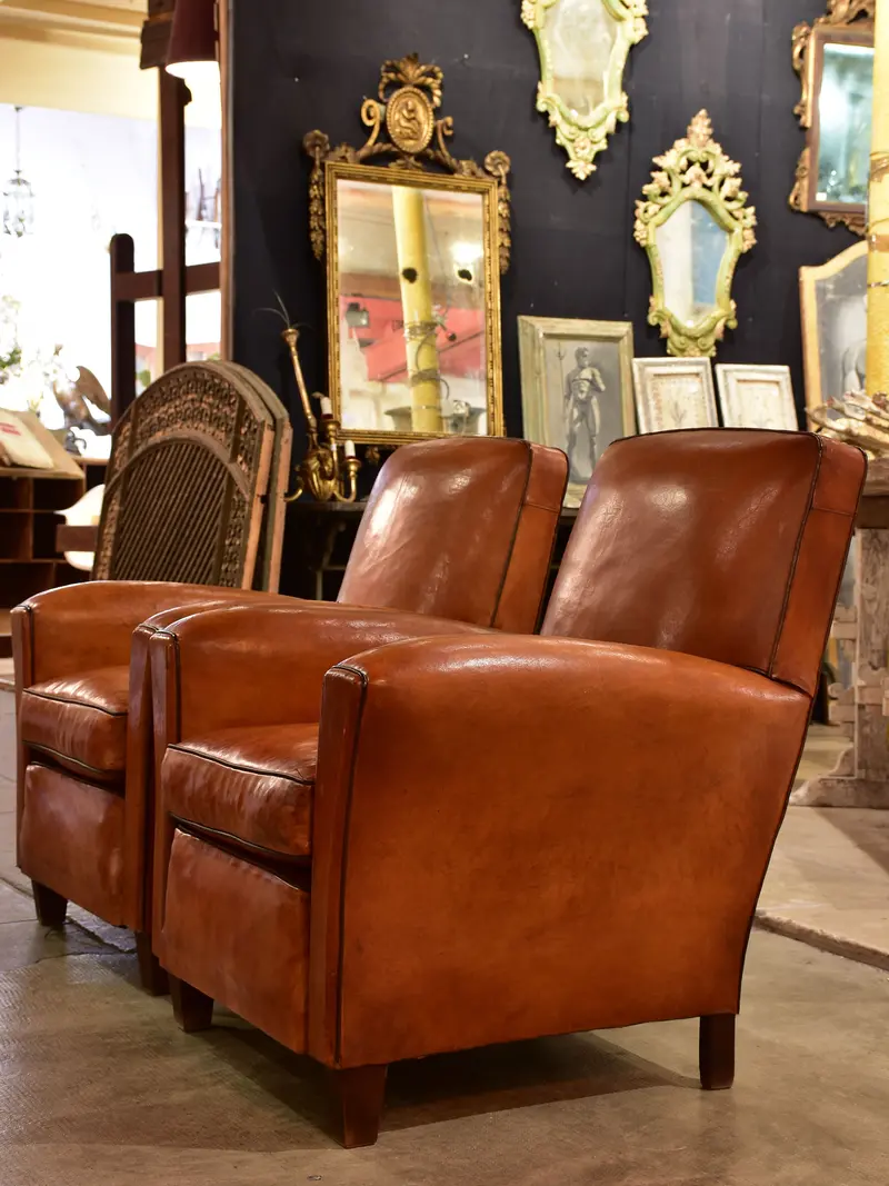 1930S French Leather Club Chairs With Square Backs (Pair) 1