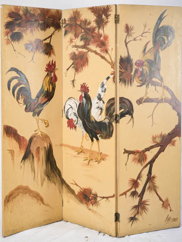 1950S French Painted Folding Screen: Three-Panel Rooster Motif 1