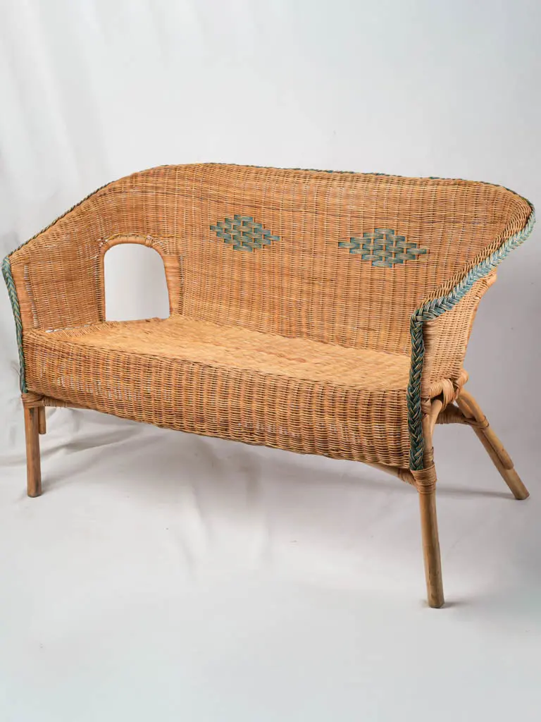 1960S French Wicker Banquette Seat – Curved Lounge Bench With Sea-Green Trim (45¾") 1