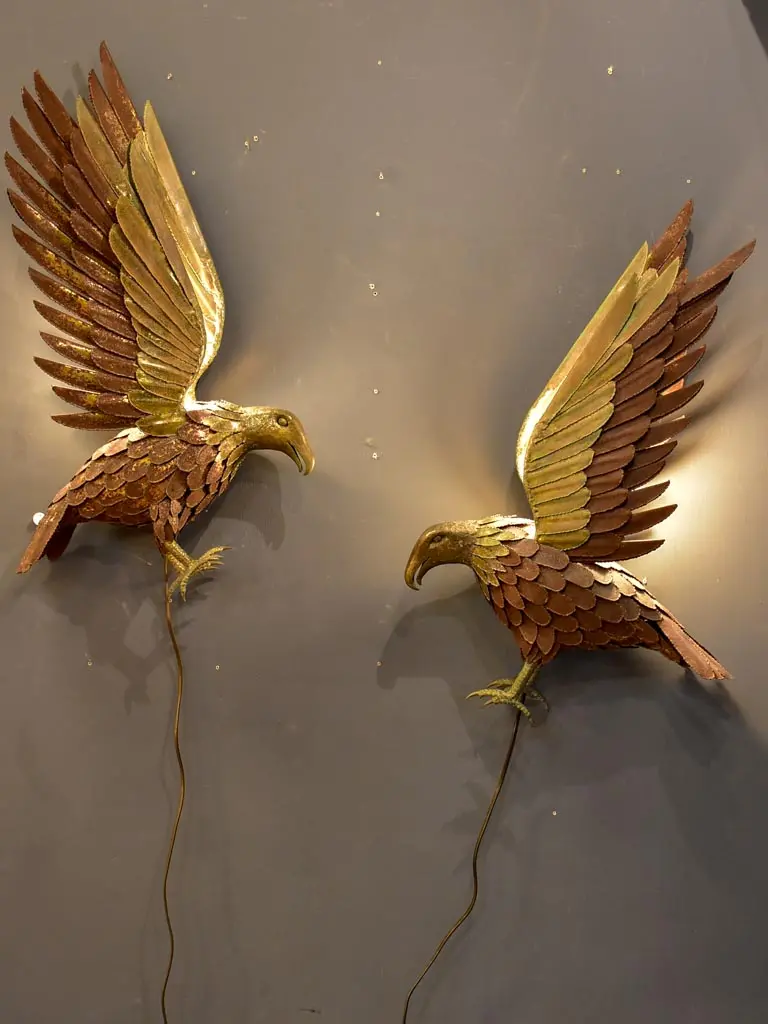 1970S Pair Of Hawk-Themed Wall Appliqués – Brass & Enamel Decor 1