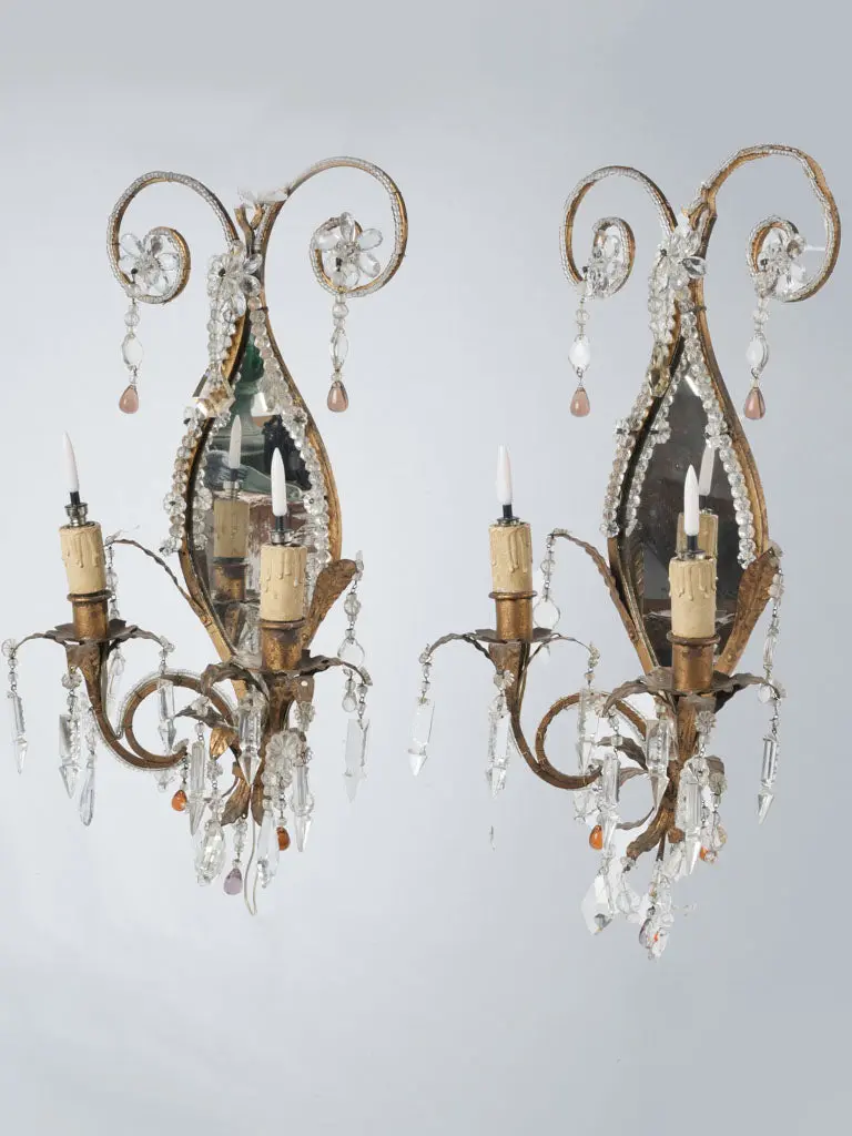 19Th-Century Italian Mirrored Wall Lights, Pair, 21¼" H 1