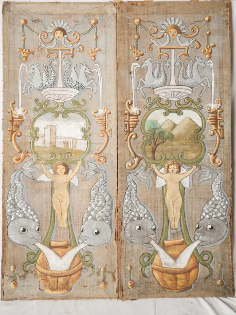 19Th-Century Provençal Neoclassical Two-Panel Screen – Painted Canvas Panels, 63" H 1