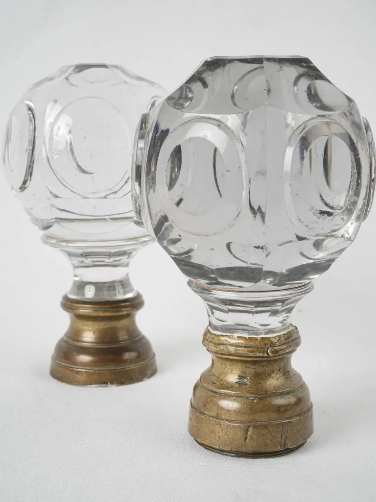 Antique French Clear Glass Stair Newel Caps – Round 'Boule D'Escalier' Style With Brass Bases, 7 Inches 1