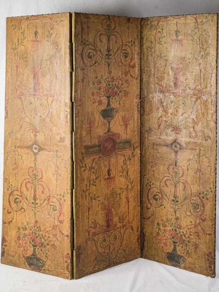 Antique French Three-Panel Painted Canvas Folding Screen – 69" × 69¾" 1