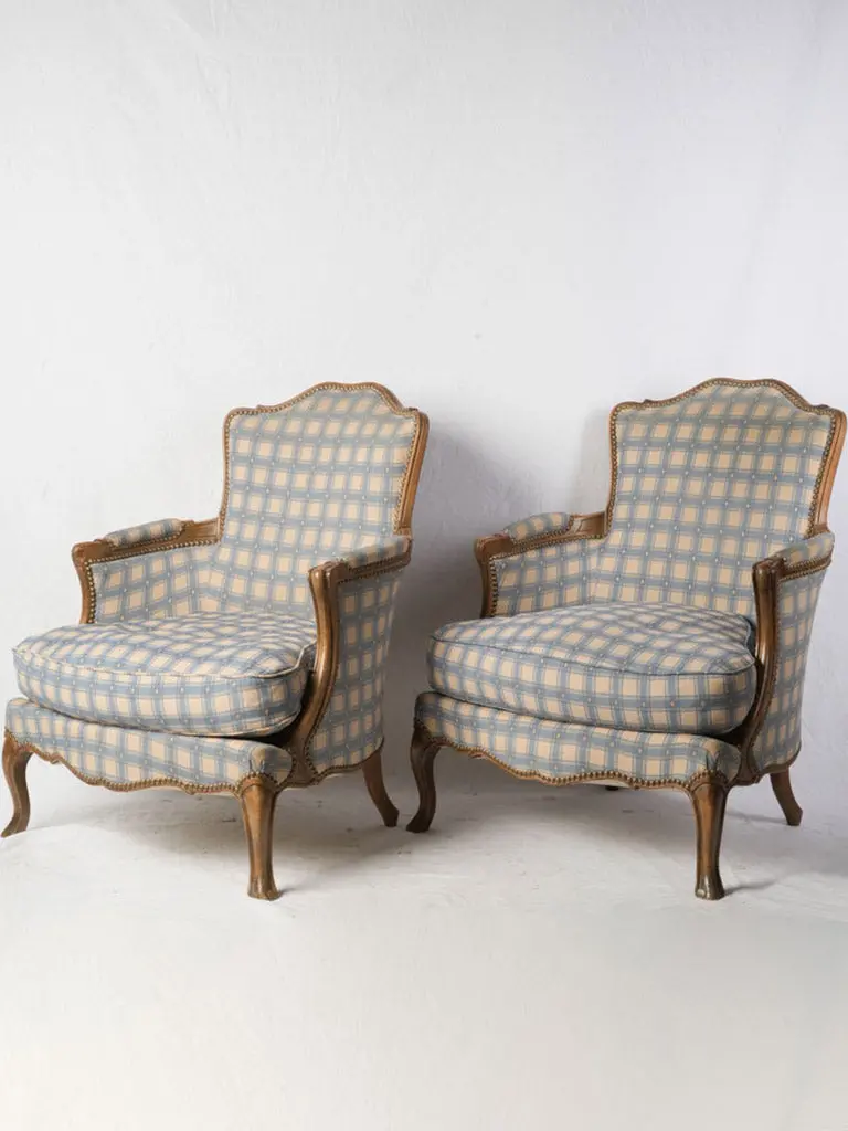 Antique Louis Xv-Inspired Bergère Chairs, Late 1800S, Blue Checkered Fabric, 33" Wide 1