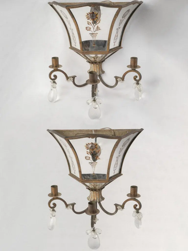Art Deco Gilded Glass Wall Sconces With Crystal Drops – Pair, 15¾" H 1