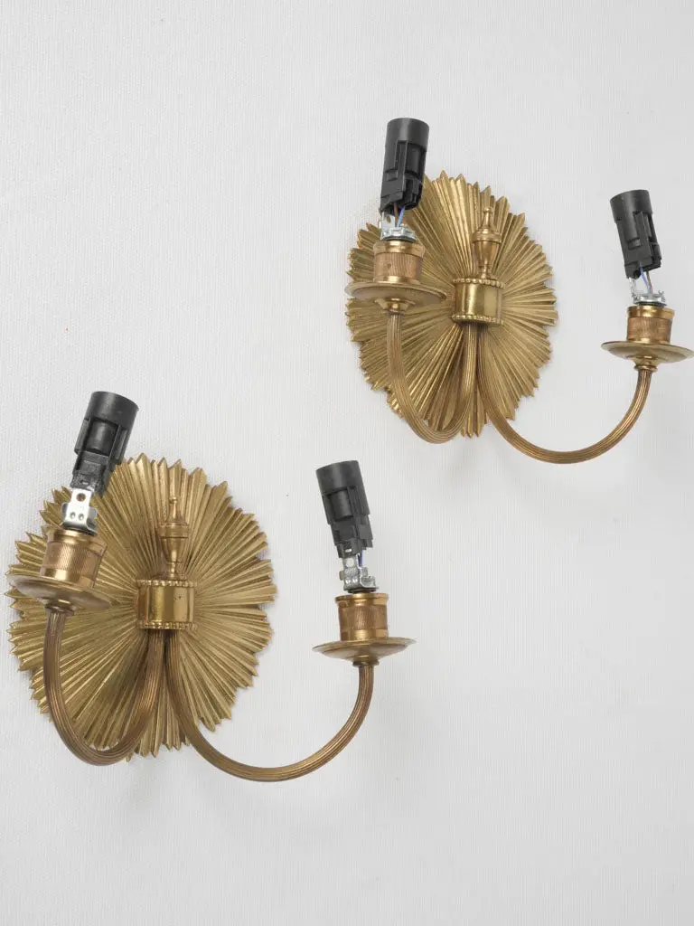 Attributed Maison Charles Gilt Bronze Sunburst Wall Sconces (2-Light Pair), 7" 1