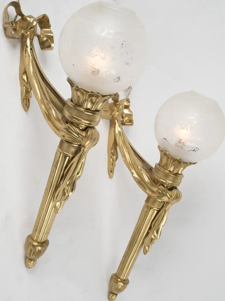 Circa 1900 Gilt Bronze Wall Sconces With Frosted Globes And Ribbon Motifs 1