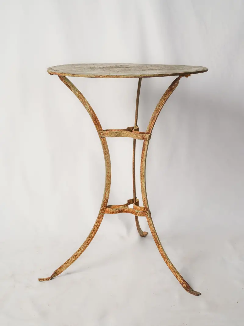 Compact French Bistro Guéridon – Wrought Iron Table With Faded Olive Patina, 21¾ Inch Diameter 1