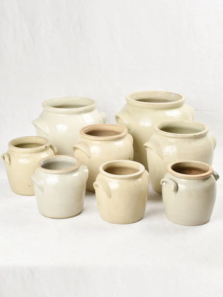 Curated Set Of Eight Antique Stoneware Crock Pots – Mixed Sizes (7.5–12.5 Inches) 1