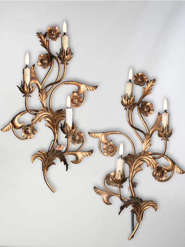 Italian Floral Wall Sconces – Mid-Century Decorative Pair In Gilt Finish, 25.5 Inches Tall 1