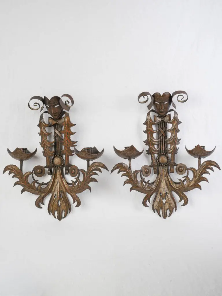 Italian-Inspired Commedia Dell’Arte Metal Candle Sconces – Mid-20Th Century Pair, 19" Tall 1