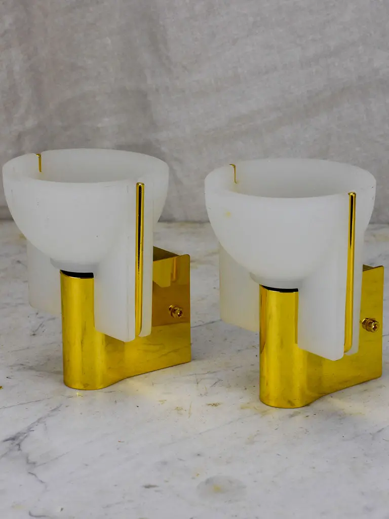 Italian Prandina Brass And Opaque Glass Wall Sconces – Pair 1