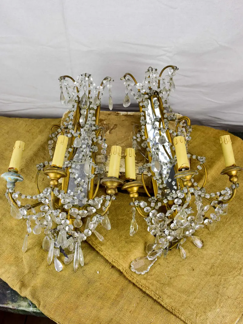 Italian Wall Sconces With Mirrored Backs & Pendants – Antique Pair 1
