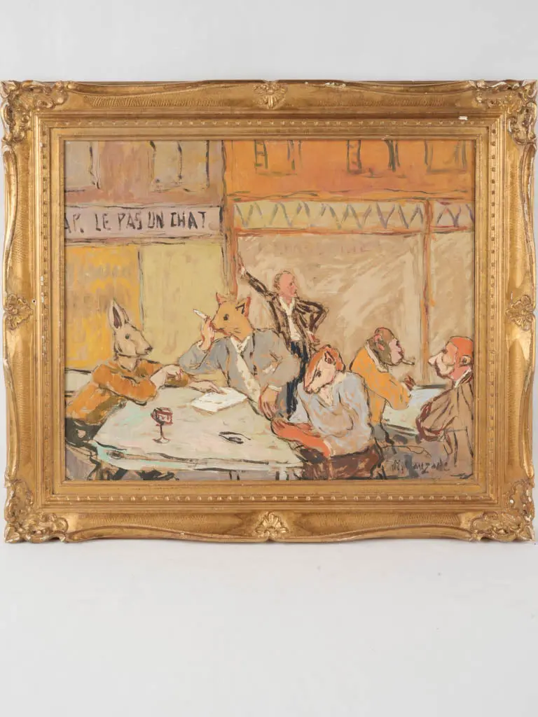 'Le Pas Un Chat' Original French Bistro Scene Oil Painting By Marc Clauzade – Whimsical Animal Characters, 25.5" × 29.5" 1