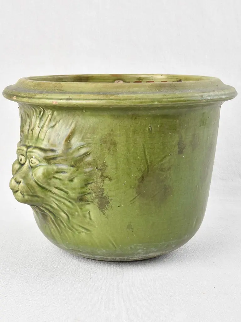 Lion-Head Cache Pot – Green-Glazed Ceramic, 9¾" 1