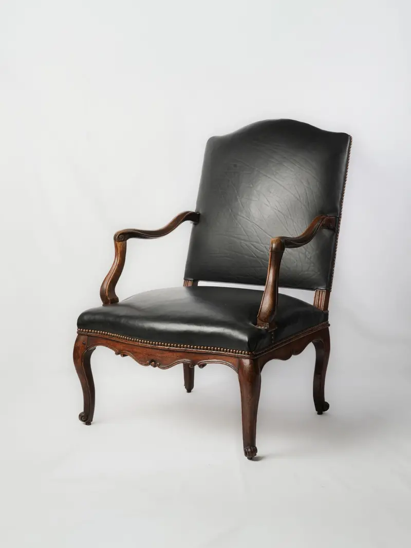 Louis Xv-Style Walnut Armchair With Contemporary Black Leather Upholstery – 40.25 Inches High 1