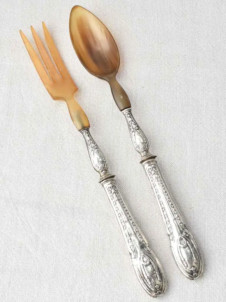 Louis Xvi-Style 19Th-Century Salad Servers In Bone And Silver, Elegant Flatware 1