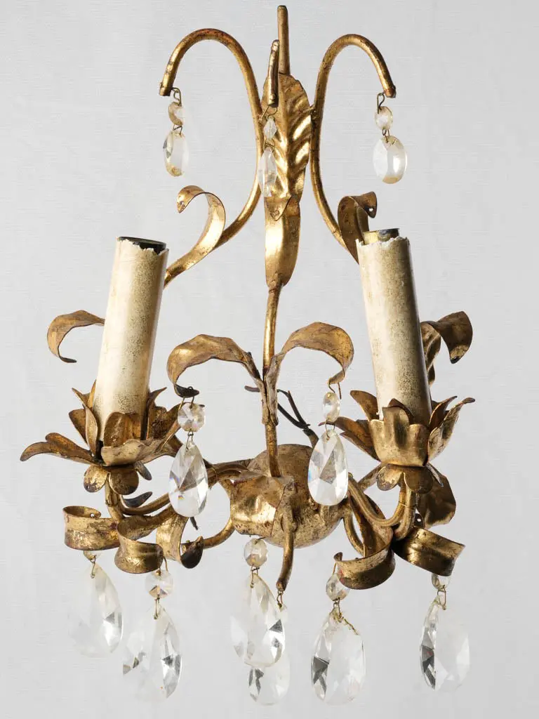 Mid-Century French Gilt Tôle Two-Arm Wall Sconce With Crystal Accents — 13.75" 1