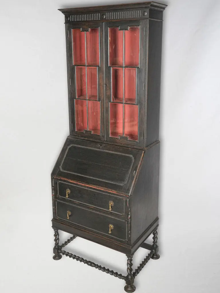 Narrow Early 1900S French Bureau Bookcase – Black-Finished Timber Cabinet With Crimson Interior (82¾") 1