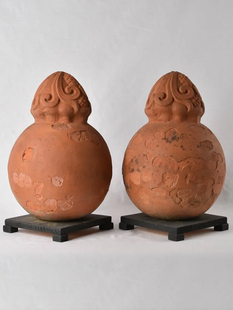 Ornate Round Terracotta Finials, 11.75 Inches Tall, Pair 1