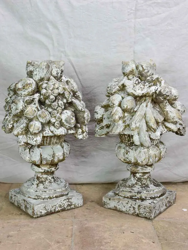 Pair Of 18Th-Century-Style Fruit Basket Finials In Beige Patina, 24 Inches 1