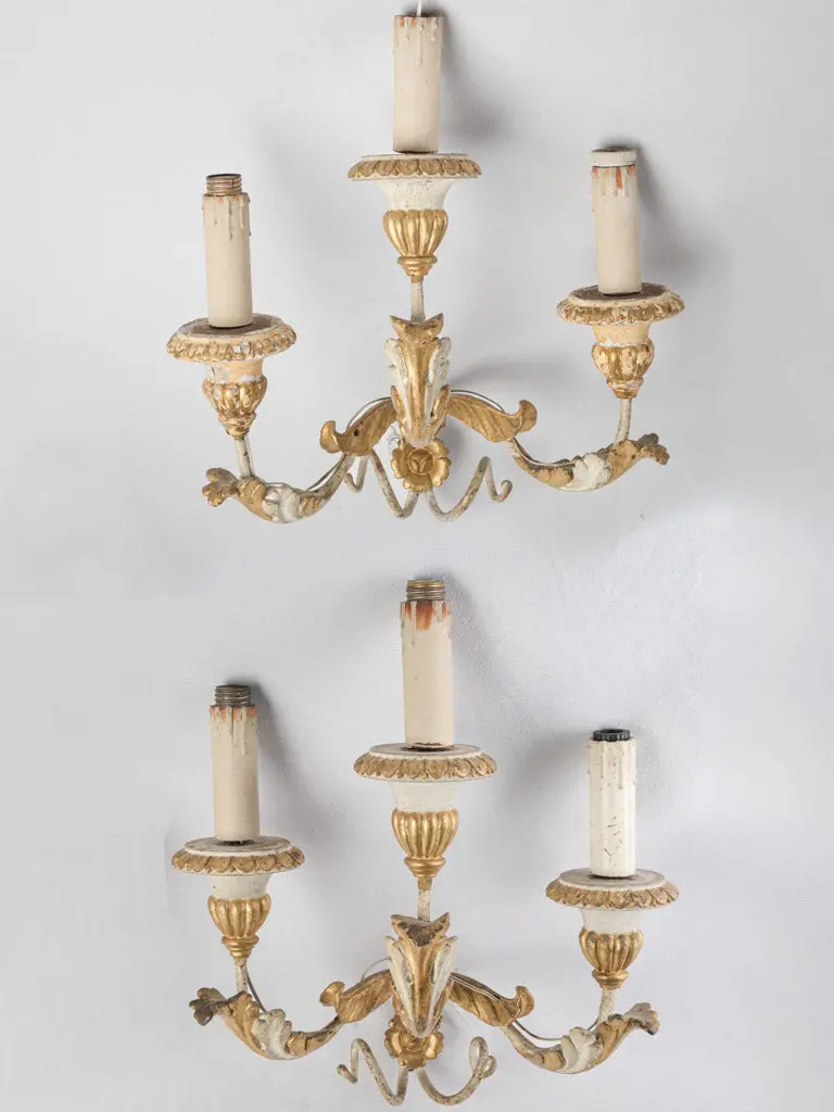 Pair Of 19Th-Century Italian Three-Arm Wrought Iron Wall Sconces With Gilded Wood Accents 1