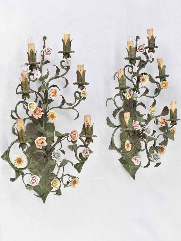 Pair Of 28-Inch Tole Wall Sconces With Hand-Painted Porcelain Flowers 1