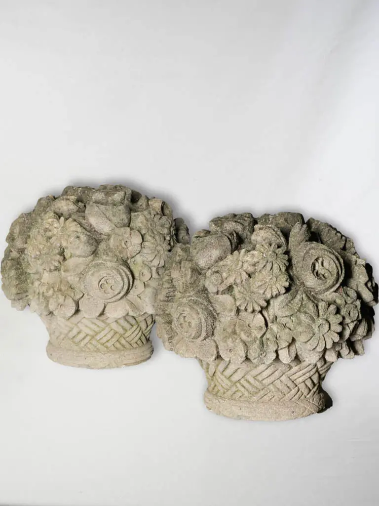Pair Of Carved Stone Floral Basket Finials For Garden Gates, Late 1800S – 14.5 Inches 1