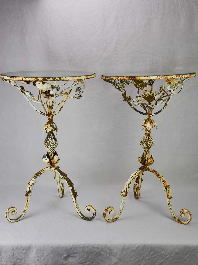 Pair Of Charming Weathered Floral Side Tables With Tempered Glass Tops 1