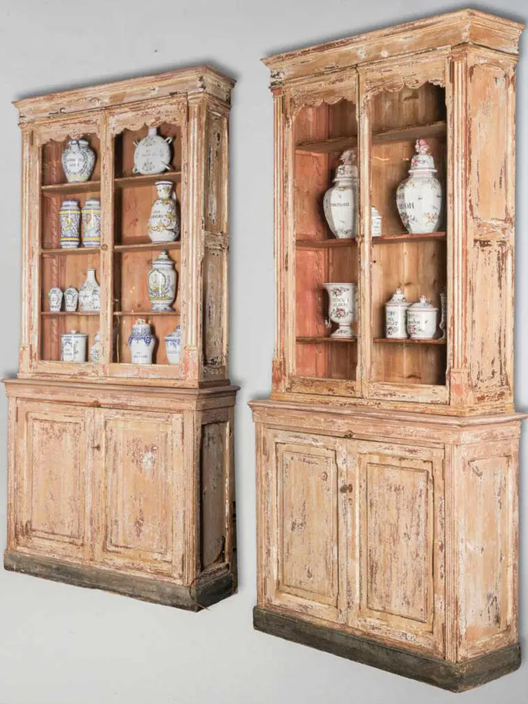 Pair Of Early 1900S Two-Section Vitrine Cabinets With Layered Aging 1