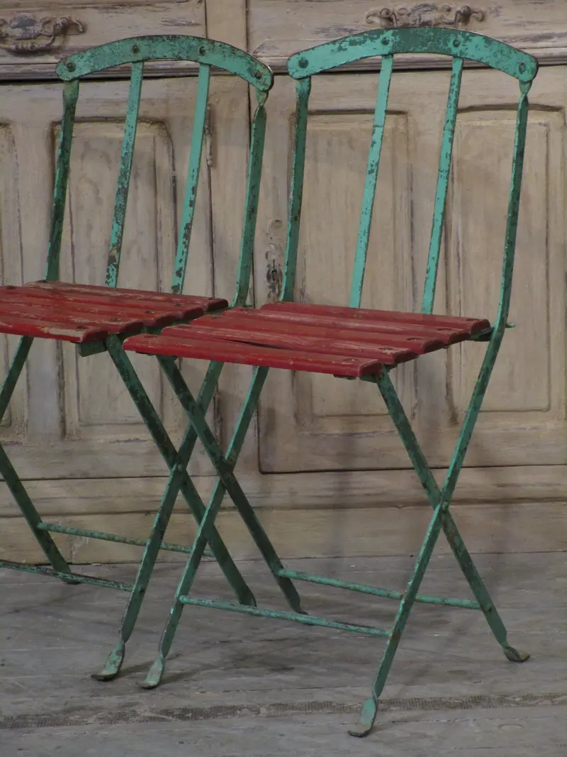 Pair Of Foldable Bistro Chairs – Rustic Iron Frame With Wooden Slats 1