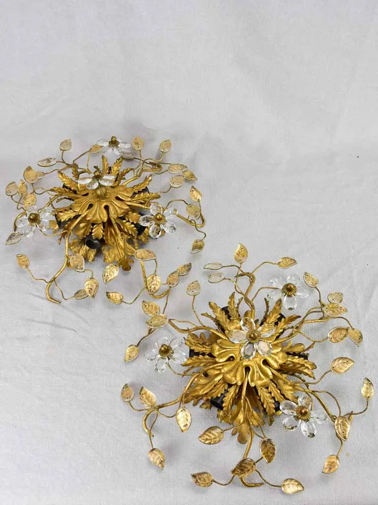 Pair Of Maison Bagues-Inspired Wall/Ceiling Lights With Gold-Finished Tôle Leaves, 15.25 Inches 1