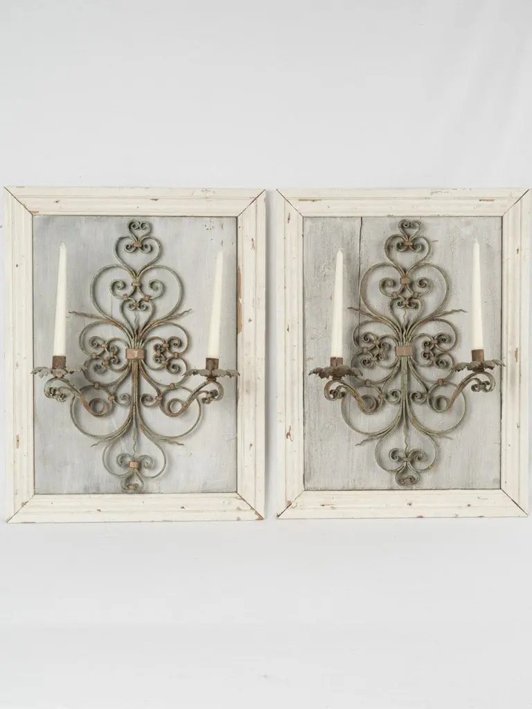 Pair Of Mid-Century French Wrought Iron Candle Sconces On Painted Wood Frames – 20.75" × 26.75" 1