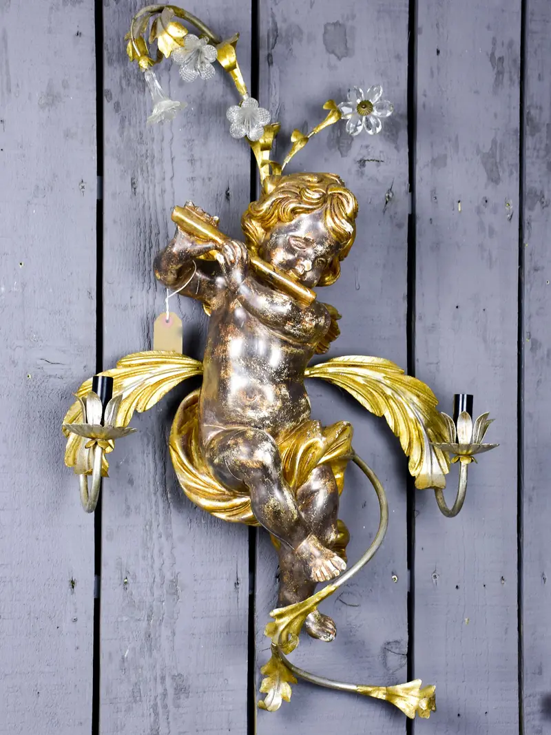 Pair Of Musical Angel Wall Sconces – Gilt Bronze, Baroque Revival Motif 1