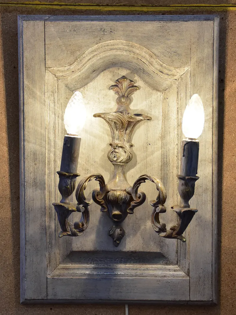 Pair Of Vintage French Wall Sconces Mounted On Reclaimed Wooden Doors 1