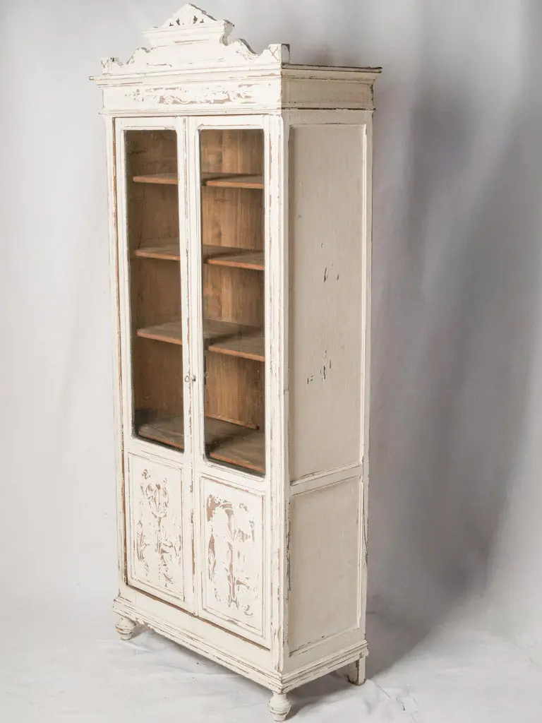 Petite 1930S French Painted Display Cabinet Featuring Carved Wooden Panels – 74.75 Inches Tall 1