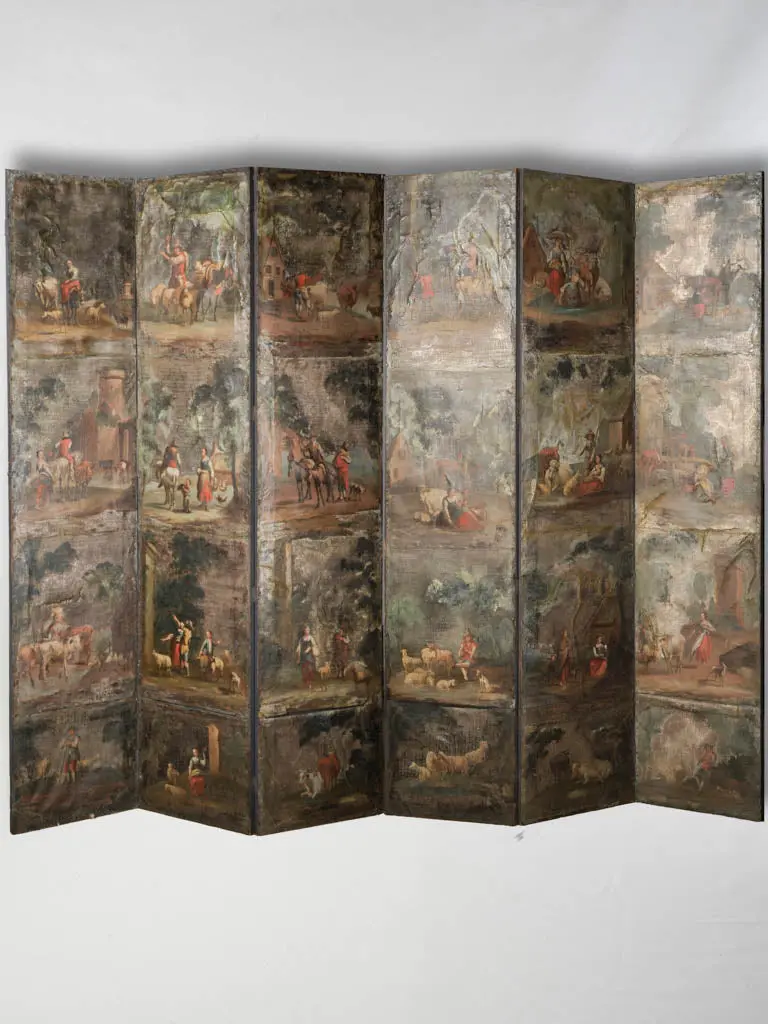 Rare 17Th-Century French Painted Leather Screen Depicting Pastoral Scenes 1
