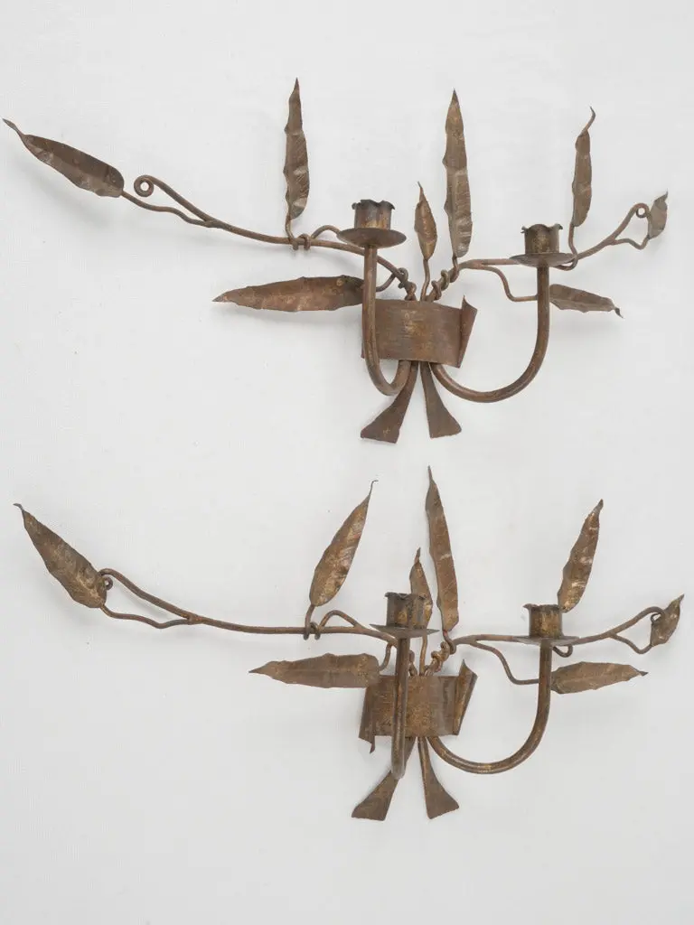Rustic Iron Wall Sconces With Foliage Motifs And Warm Gold Patina, 1950S French Or Italian Pair (24.75") 1