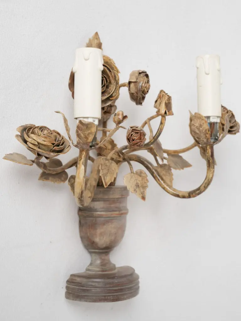 Rustic Wall Sconce With Hand-Carved Rose Motifs And Wooden Urn Base – 13 Inches 1