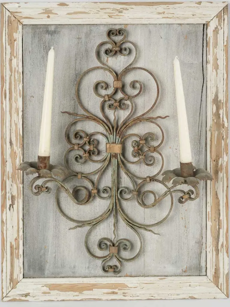 Rustic White Wood-Framed Two-Candle Wrought Iron Wall Sconce – 20" × 26.5" 1