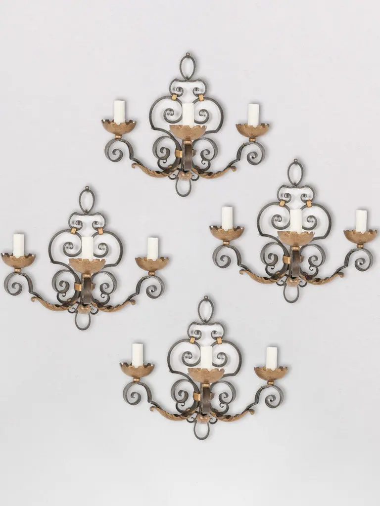 Set Of Four Vintage Wrought Iron Wall Sconces With Black-And-Gold Patinated Finish, 16.5 Inches 1