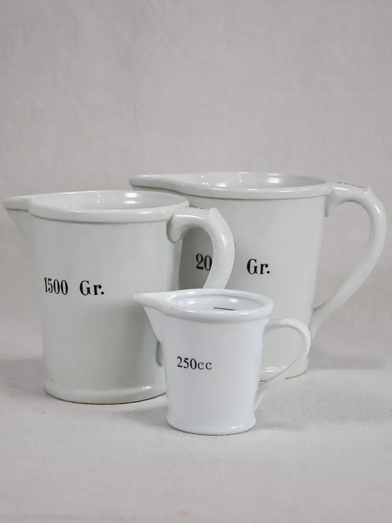 Set Of Three Mid-Century French Measuring Jugs — 1940S Enamel-Coated Tin, Graduated Markings 1