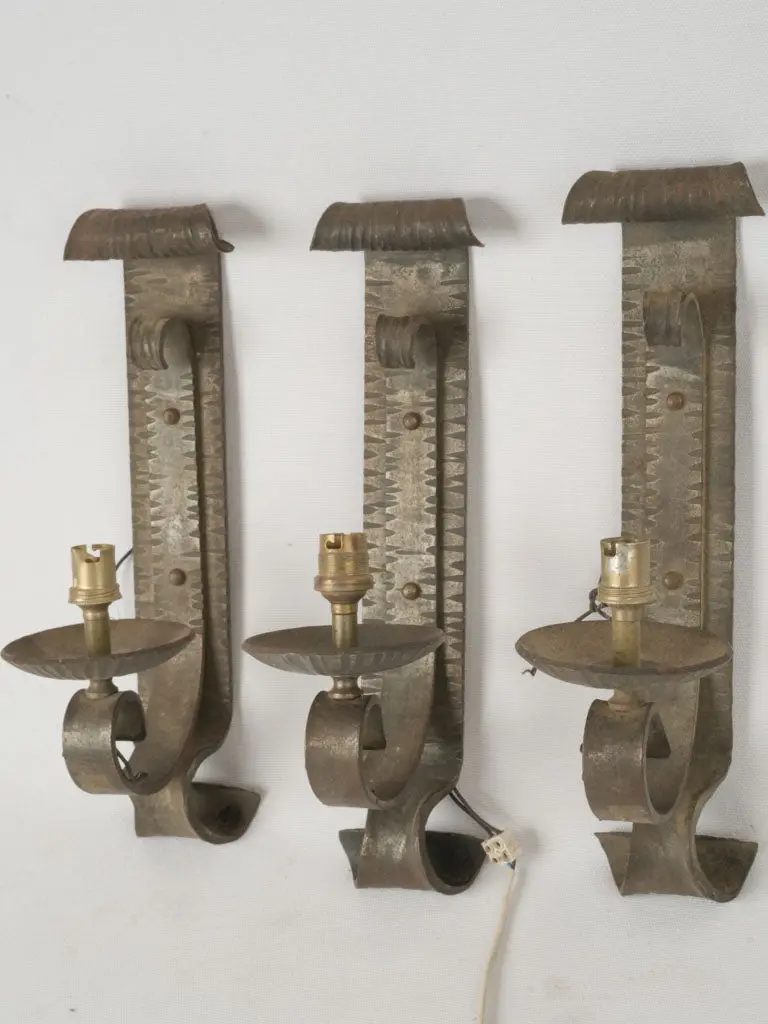 Set Of Three Vintage Wrought Iron Wall Sconces – French Craftsmanship, 15¼" Projection 1