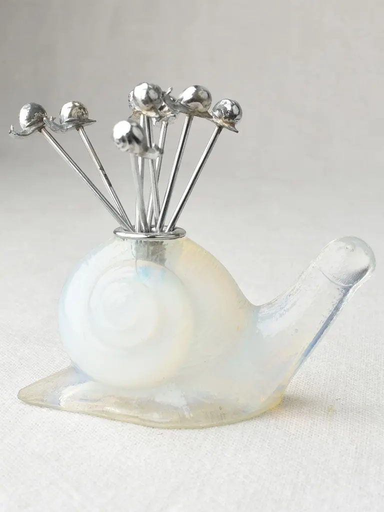 Translucent Glass Escargot Holder With Eight Snail Forks, Vintage French Tableware 1
