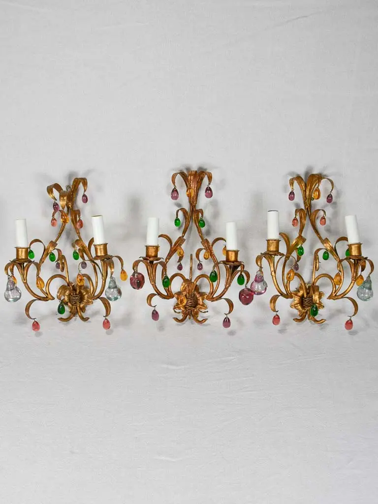 Triptych Of 1950S Gilded Wall Sconces With Fruit-Themed Glass Accents – 13.75" 1