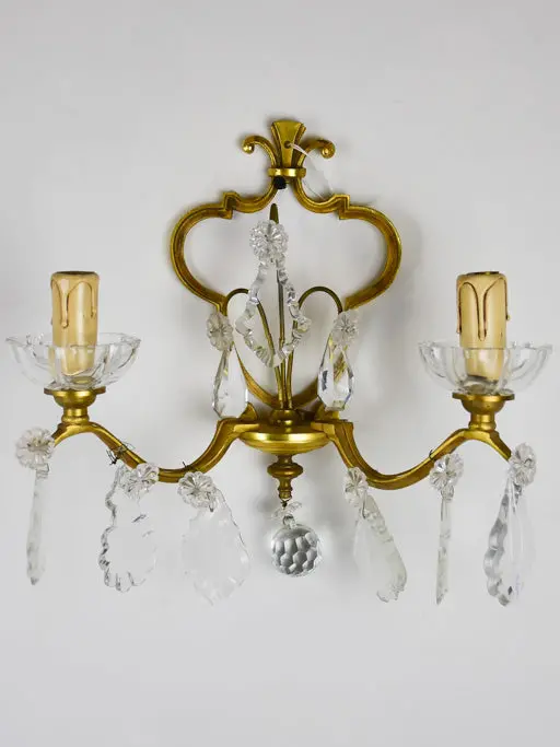 Vintage Crystal-Drop Wall Sconces With Dual Bulb Mounts – Pair, 11 Inches Tall 1
