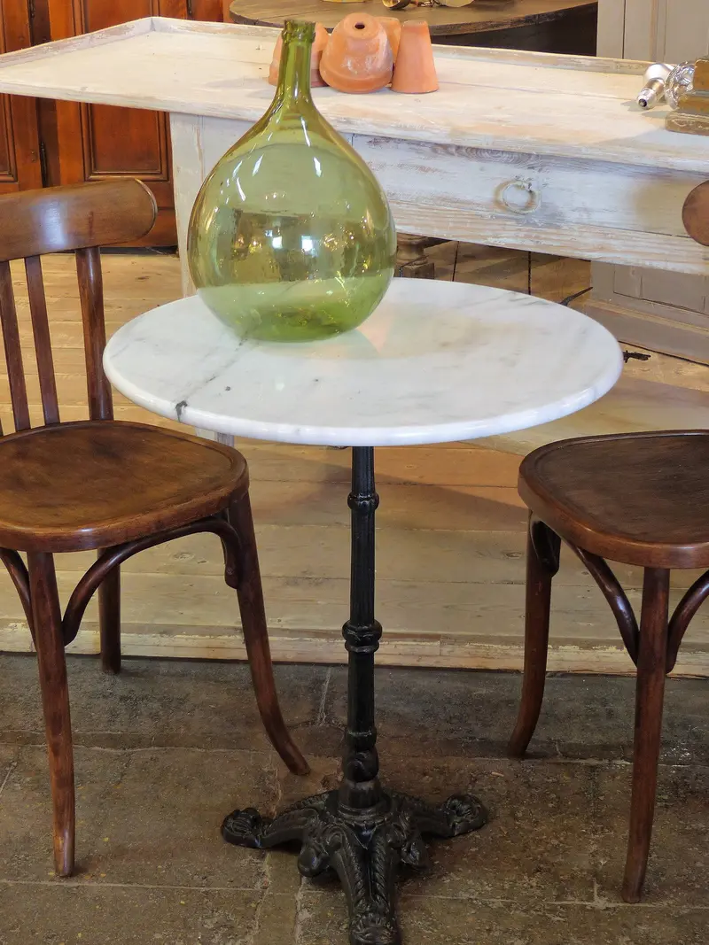Vintage Marble-Topped Bistro Table – Industrial Metal Base, French Made 1