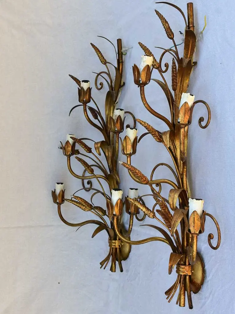 Wheat-Embellished Brass Wall Sconces – Vintage Pair, 28¼" Tall 1